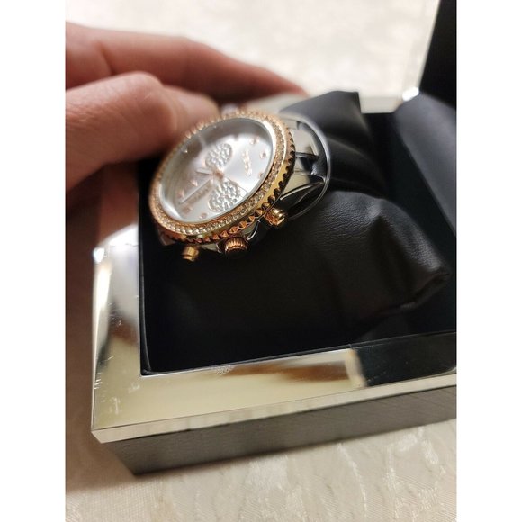 Bebe Womens Stainless Steel Rose Gold Color Bling Watch Black Leather Band